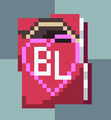 A pixel style red book with BL written on the cover along side a thin heart shape line and Marine Hat
